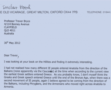 1922-2022: ONE HUNDRED YEARS AFTER MICHAEL VENTRIS’S BIRTH: A LETTER FROM SINCLAIR HOOD TO TREVOR BRYCE ON THE DECIPHERMENT OF LINEAR B