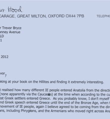 1922-2022: ONE HUNDRED YEARS AFTER MICHAEL VENTRIS’S BIRTH: A LETTER FROM SINCLAIR HOOD TO TREVOR BRYCE ON THE DECIPHERMENT OF LINEAR B